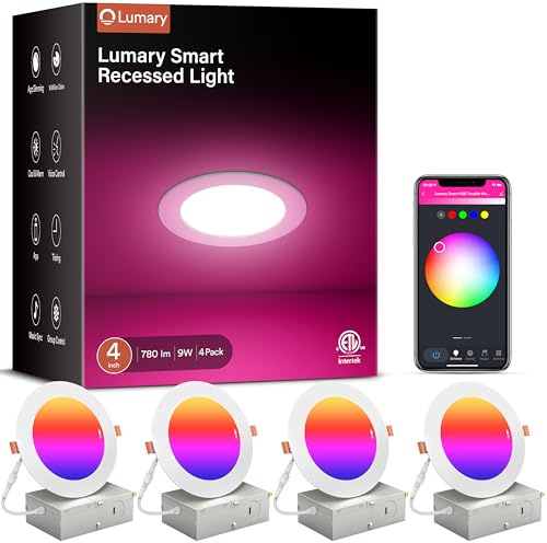 Lumary 4 Inch Smart WiFi Recessed Lights, 9W 780LM RGBWW Color Changing Canless Recessed Lighting with Junction Box, Compatible with Alexa & Google Assistant, BT Remote, ETL Listed, 4 Pack