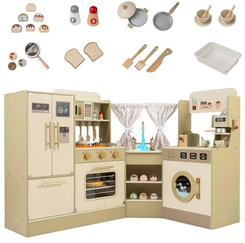 GYMAX Kids Corner Kitchen, Large Play Kitchen with Stoves, Microwave, Coffee Machine, Refrigerator, Dishwasher and Accessories, Wooden Toy Kitchen for 3 + Years Old