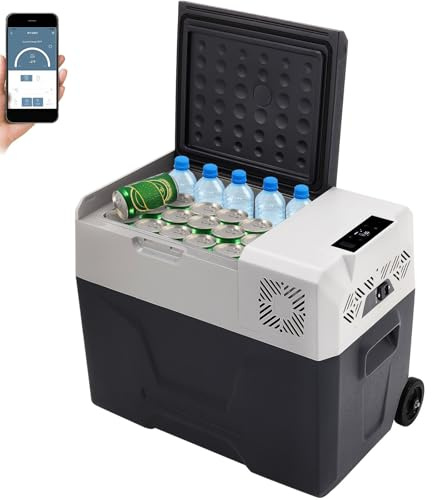 ZHIMAI Frigorifero per auto, frigorifero a compressore, frigorifero da viaggio, mini frigo, frigorifero per auto e con collegamento di alimentazione, in acciaio inox [classe di efficienza energetica F