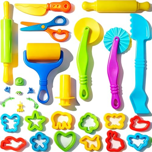 Dough and Clay Play Tools Kit for Kids, Modeling Clay Accessories for Toddlers, Animal Cutters with DIY Rollers & Safety Scissors, Dough Extruder Easy Squeeze for Kids, Ideal Home Play & Baking Set