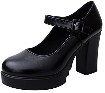Générique Boucle décontracté épais Chaussures Hautes Talons Cheville Travail Sangle Plate-Forme Femmes Talon Pompes Femmes Talons Hauts (Black, 38)