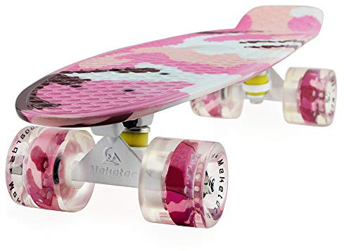 MEKETEC Skateboards Mini Cruiser 56 cm retro pojke barn första skateboard för ungdomar nybörjare barn tonåringar flicka ungdom vuxna patinetter pojkar 7 till 10 rosa kamouflage