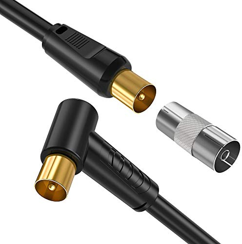 Ancable 0.5M TV Aerial Coaxial Cable Male to Male Black, Right Angle Satellite Cable RF TV Antenna Coax Gold Plated Connector Flylead for Sky/SkyHD, Virgin, BT,TV, VCR or DVD players with Coupler