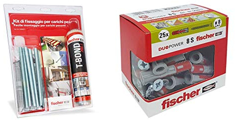 Fischer 508697 Kit di Fissaggio carichi Pesanti T-Bond Ancorante Chimico con Barre Filettate e Tasselli a Rete, Resina & 25 Tasselli Duopower con Vite, 8 x 40 mm, per Muro pieno, Mattone Forato