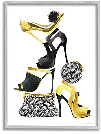Stupell Industries Glam Fashion Accessories Gestapelte Schuhe und Geldbörsen, entworfen von Mercedes Lopez Charro, Grau, gerahmte Wandkunst, 40,6 x 50,8 cm, Schwarz