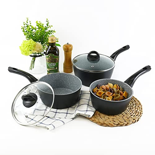URBN-CHEF FORGECROSS Black & Grey Marble Forged Pressed Aluminium Non Stick Induction Safe Cooking Pots Pans Saucepans Cookware (3 Pcs Saucepan Set)