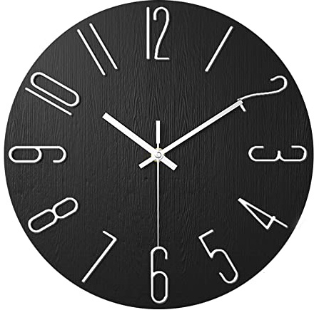 ALEENFOON 12 Inch Round Non-ticking Wall Clock, 3D Large Number Modern Quartz Silent Frameless Ultra Thin Wood Grain Wall Clocks for Home Living Room Office Kitchen School (Black)