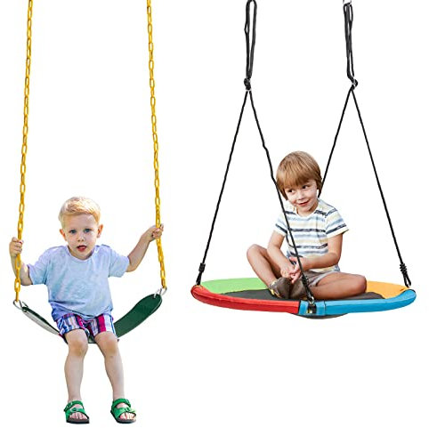 DREAMADE Ensemble de 2 balançoires pour Enfants avec siège de balançoire et balançoire d'arbre Soucoupe, siège de balançoires avec chaîne en Acier antirouille(2 Balançoires)