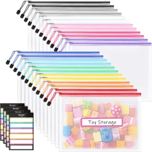 Sooez 24 Pack Mesh Zipper Pouch with Sticky Labels, A4 Mesh Bags, Toy Storage Board Game Puzzles Organization, Sturdy Letter Size File Folders Organizer for Teacher School Classroom Office Supplies