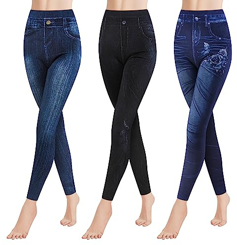Leggings Effetto Denim da Donna Libella, Leggings a Vita Alta con Cintura, Leggings Modellanti alla Moda, Treggings Modellanti Elastici, Pantaloni Streetwear 4162 3er Pack C+F+G S/M