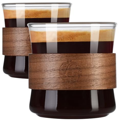 ParaCity Espresso Cups Set of 2 with Wooden Ring, High Borosilicate Espresso Shot Glass, Clear Small Expresso Shots Cup, Espresso Accessories (Large)