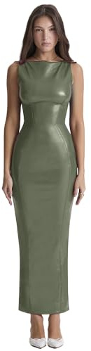 XLLAIS Women's Brown Faux PU Leather Bodycon Maxi Dress, Size XL, Floor Length, Off Shoulder, Sleeveless