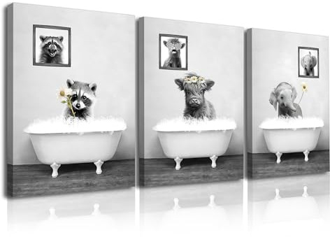 Piy Painting Set de 3 Cuadri Moderni en blanco y negro 30x40cm, Vacas y Elefantes en la Bañera, Cuadro en Lienzo, Pinturas de Animales Lienzos Decorativos Cuadros para Baño, con Marco Interior