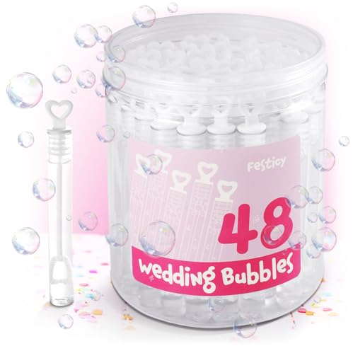Festicy Seifenblasen Hochzeit Set I 48 Stück mit Herzgriff je 4,5 ml I Zauberhafte Hochzeitsdeko & Gastgeschenke I Perfekt für Hochzeitsfeier & Standesamt I Optimal als Hochzeit Gastgeschenk