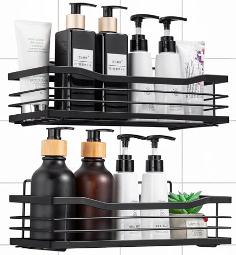 JIUFOXINO Duschablage ohne Bohren,2 Stück Badezimmer Organizer,Edelstahl Duschregal Duschkorb,Regal Badregal Shampoo Halterung für Dusche Küche Bathroom,mit 2 Klebeflächen,Schwarz