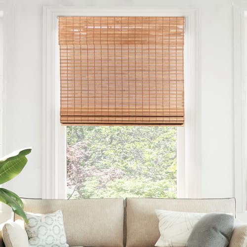 CHICOLOGY Bamboo Roman Shade, Cordless Light Filtering Woven Wood Window Treatment for Living Room, Dining Room, Kitchen & Office, Natural Bamboo Blinds for Boho Coastal Decor, Squirrel, 28W x 64H