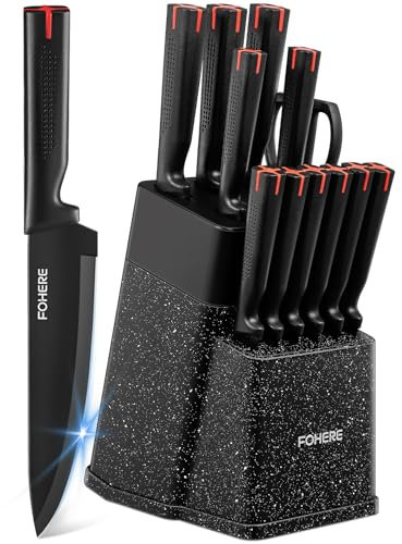 Couteaux de Cuisine avec Bloc, FOHERE 13 Pièces Couteaux de Table en Acier Inoxydable avec Affûteur Intégré, Bloc de Couteaux Professionnel avec Support,Granit Noir