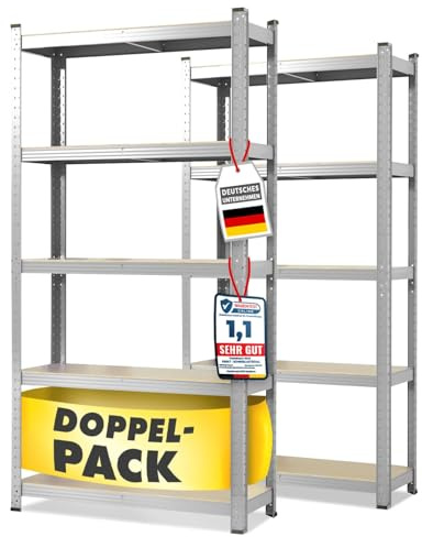 Floordirekt Estantería para cargas pesadas, juego de 2 unidades, galvanizado, 180 x 90 x 40 cm, sin tornillos, para sótano, de almacenamiento, de taller, banco de trabajo, 5 estantes ajustables
