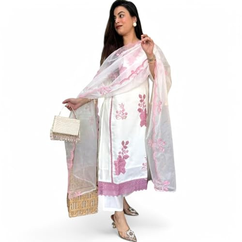 RangMahal - Set da donna in cotone ricamato con pantaloni kurti e organza Dupatta, bianco sporco, Large