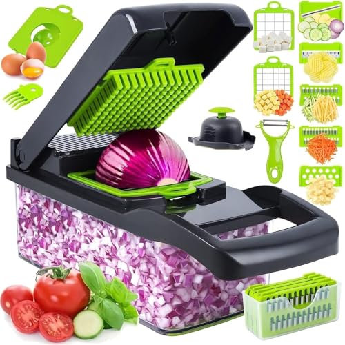 Hachoir à légumes 16 en 1 – Robot de cuisine multifonction avec 8 lames pour trancher, couper en dés, julienne et râper, comprend un récipient et une brosse de nettoyage, parfait pour les fruits, les