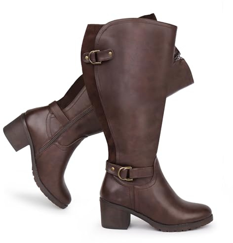 Chicblooms Stivali da equitazione da donna con gambale ampio e tacco alto al ginocchio, cerniera laterale e tacco a blocco, marrone, 38 EU