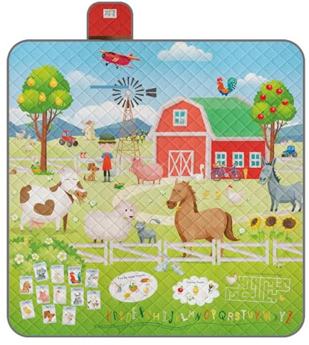 Coperta Pic Nic Impermeabile Bambini - Telo Picnic Grande da Campeggio Spiaggia Montagna Parco Giardino per Bimbi Portatile - Tappeto Gioco per Esterno con Disegni Pieghevole (Fattoria, 200x200 cm)