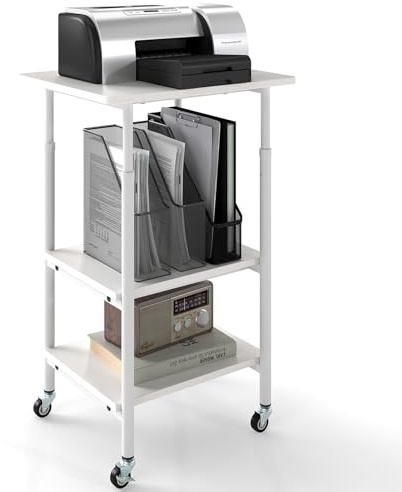 GIANTEX Soporte de Impresora con 4 Ruedas, Mesa de 3 Niveles, Tablero con Altura Ajustable, Estructura de Metal, 49 x 40 x 65-77 cm, Carrito Auxiliar para Oficina, Salón, Dormitorio (Blanco)
