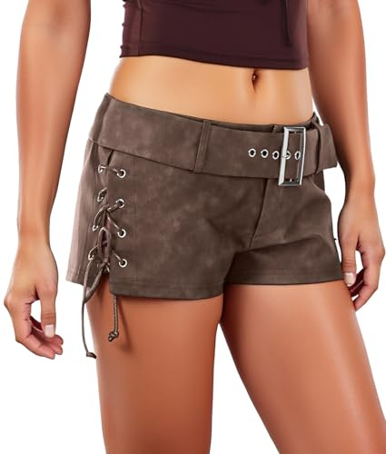 Ausing Femme Short en Cuir PU Hiver Pantalon Simili Cuir Skinny pour Femme Shorts Mini Taille Basse Marron Legging de Carnaval Métallisé Hot Pants Sexy Brillant Hotpants Court Automne S