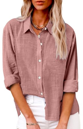 Lanunlly Camicia di Lino Donna Manica Lunga Elegante Camicetta con Bottoni Estiva Oversize Bluse e Camicie Tinta Unita Casual Loose Camicette Leggera e Comoda Maglietta da Spiaggia Taglie Forti