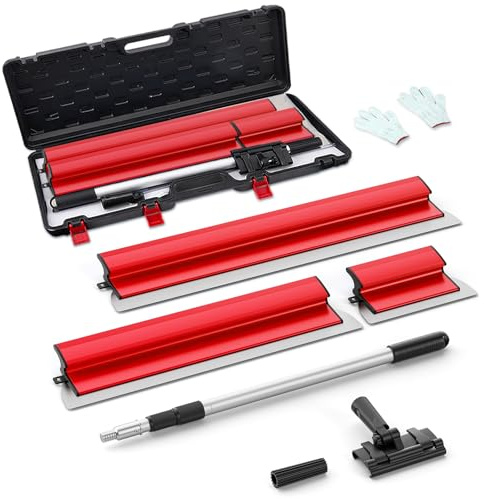 Juego de espátulas de superficie 25 cm, 60 cm y 80 cm, mango de extensión de 76 cm a 160 cm, cuchillo de construcción de acero inoxidable (Conjunto rojo)