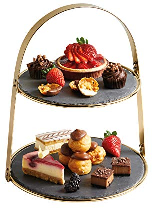 Artesà Alzata per Dolci, a 2 Livelli, con Piatti da Portata Rotondi in Ardesia e Finitura in Ottone, 29,5 x 29,5 x 35cm