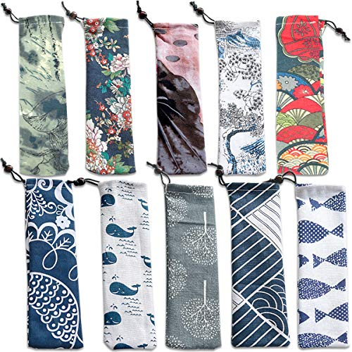 CKANDAY 10 Pack Straw Tragetasche, Reisebesteck Pouch Handtasche für Edelstahl Glas Trink Metall Strohmesser Löffel Stäbchen Reinigen Brush / 10 Farben / 9.84 x 2.36in