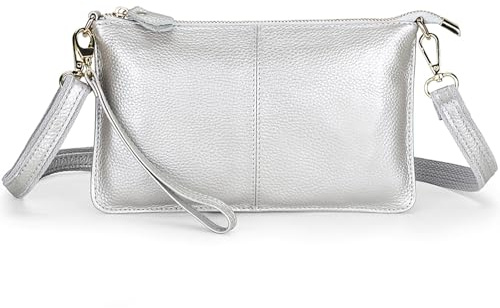 FORRICA Silver Clutch Bag for Women – Genuine Leather Cross Body Bag, Ladies Small Crossbody Phone Purse for Wedding, Evening & Party