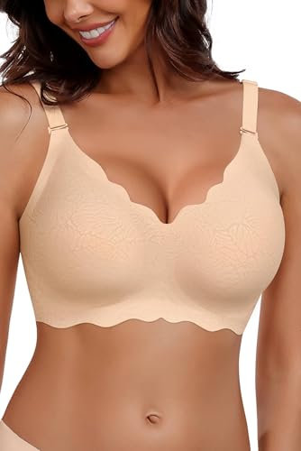 HORISUN BHS für Damen ohne Bügel, V-Ausschnitt, gewellte, bügellose Bralettes mit weicher Stütze, bequemer, Nahtloser T-Shirt-BH (Hautfarben S)