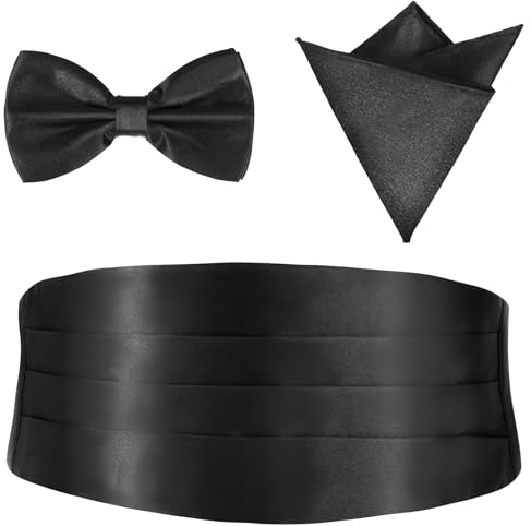KALIONE Kummerbund und Fliege, verstellbar, einfarbig, Smoking, Kummerbund und Fliege mit Brusttasche, quadratisches Einstecktuch für Herren, schwarz, Schwarz, Einheitsgröße