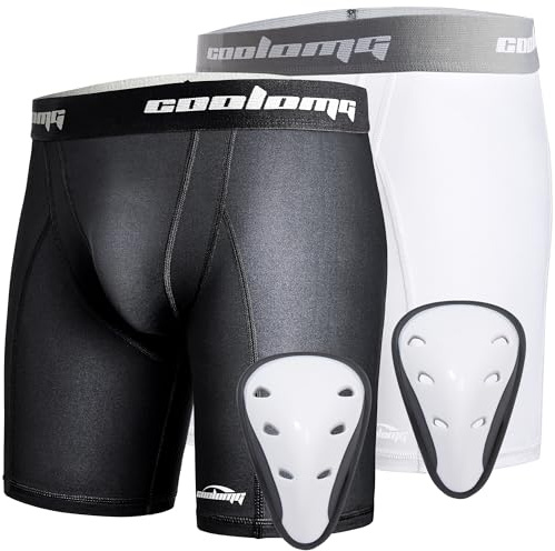 COOLOMG Youth Boys Compression Shorts w/Cup White&Black XS