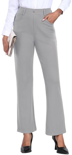 GRECERELLE Pantalon pour femme extensible Pantalon de bureau Pantalon de yoga Taille élastique Pantalon droit décontracté Pantalon de travail pour femme UK Pantalon de yoga avec poches, gris clair, M