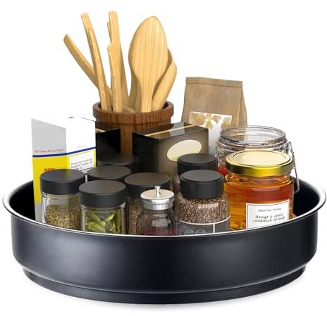 360 Grad Drehteller Küche, Edelstahl Drehbares Gewürzregal Drehtablett 31cm Lazy Susan Drehteller Organizer Drehbar Kühlschrank für Küchen Organizer Gewürze (Schwarz)