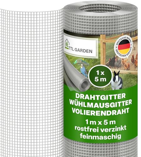 TTL GARDEN 1 m x 5 m rete metallica zincata a maglia fine antiruggine 6,3 mm, maglia 0,55 mm, spessore filo – su rotolo di rete metallica per voliera, rete per topi ad arvicole, 5 m x 1 m di larghezza