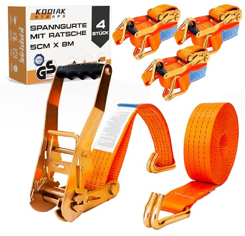 4 Correas Tensoras 8m x 4000kg con Trinquete y Ganchos - Correas de 50mm - Correa de Trinquete Naranja para Sujeción de Carga - Certificado TÜV/GS según DIN EN 12195-2 - KODIAK STRAPS