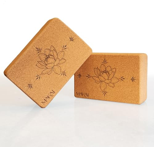 MAKAI Cork Yoga Block x 2 | Premium 100% Natural Cork Blocks | Sustainable and Eco-Friendly | Comfortable Surface and Non-Slip Grip | 9x6x3 | Support For Beginners and Advanced Yogis