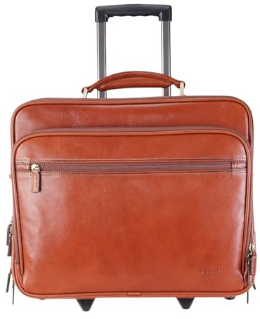 Genuine Leather Wheeled Laptop Briefcase – Tan Rolling Cabin Flight Pilot Bag for Men – 29L Travel Carry-On Case with Adjustable Strap, Trolley Wheels, and Antique Brass Hardware