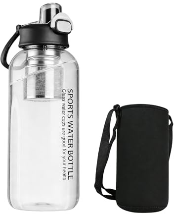 Borraccia in vetro da 1,5 l, con colino, con filtro in acciaio inox, bottiglia in vetro con cannuccia, bottiglia di tè, trasparente, per sport, ufficio, scuola, attività all'aperto, colore nero