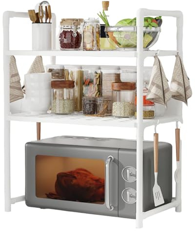 Shelf for Microwave Microwave Oven Shelf with Hooks | Double Layer Bread Machine Holder Widened Seasoning Rack for Bathroom Dorm Counter Table Outdoor Storage