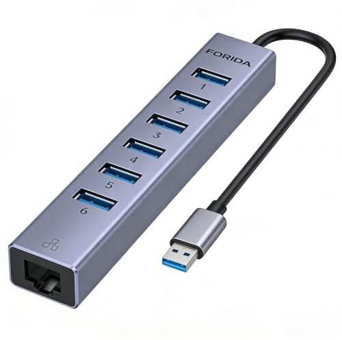 8-port USB-hub 3.0 med Ethernet LAN RJ45, 5 Gbps multiport adapter splitter med 5 V 3 A typ C-port, aluminium USB-distributör för PC, bärbar dator, MacBook, U-disk, mus (grå)
