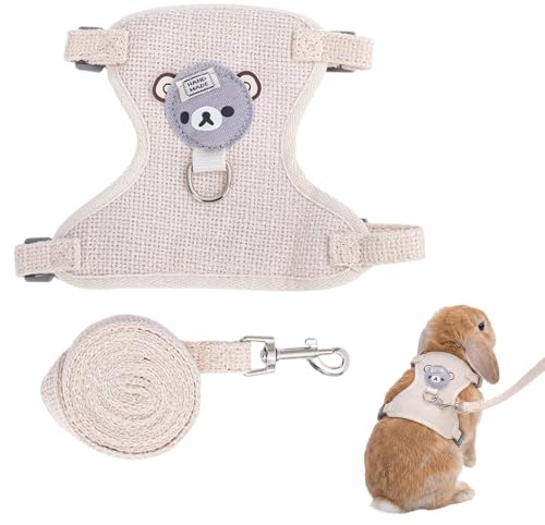 Laisse pour Lapin avec Harnais, 120cm Bande Plate Couleur Crème, Laisse Réglable pour Lapin Nain et Cobaye, Doux et Confortable pour Promenade Extérieure et Intérieure, Accessoires Petit Animal
