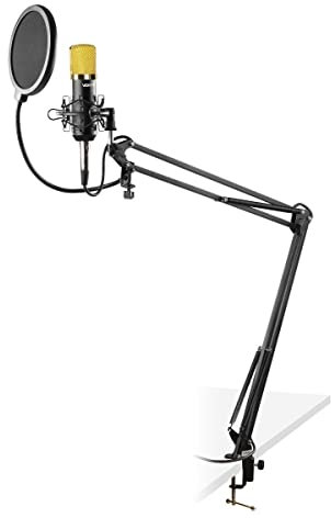 Vonyx CMS400B Set microfono Condensador de Estudio, Soporte de Mesa articulado, Anti-Pop, Paravientos y Cable. microfono Streaming, Podcast, Gaming, Youtube, microfono para pc, Color Negro y Dorado