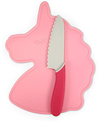 Handstand Kitchen Unicorn Shaped Cutting Board with 6 Serrated Knife for Kid Safe Cooking