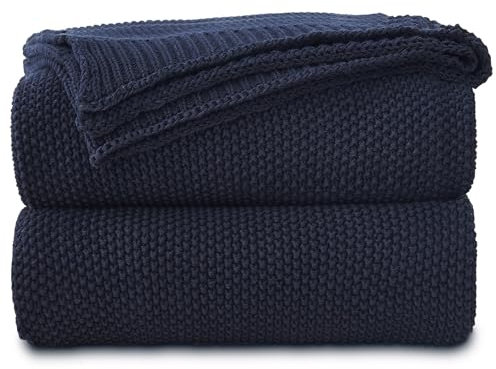 Longhui bedding Dark Navy Blue Cotton Cable Knit Throw Blanket for Couch Sofa Bed, Lightweight Home Decorative Throws, Bonus Laundering Bag, 60 x 80 Machine Washable