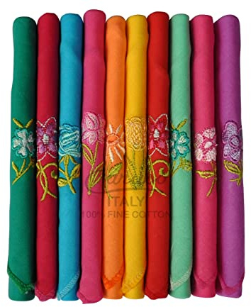 Caruso Italy Dark Women's Embroidered 100% Pure Cotton Handkerchief Multicolor - Pack of 10